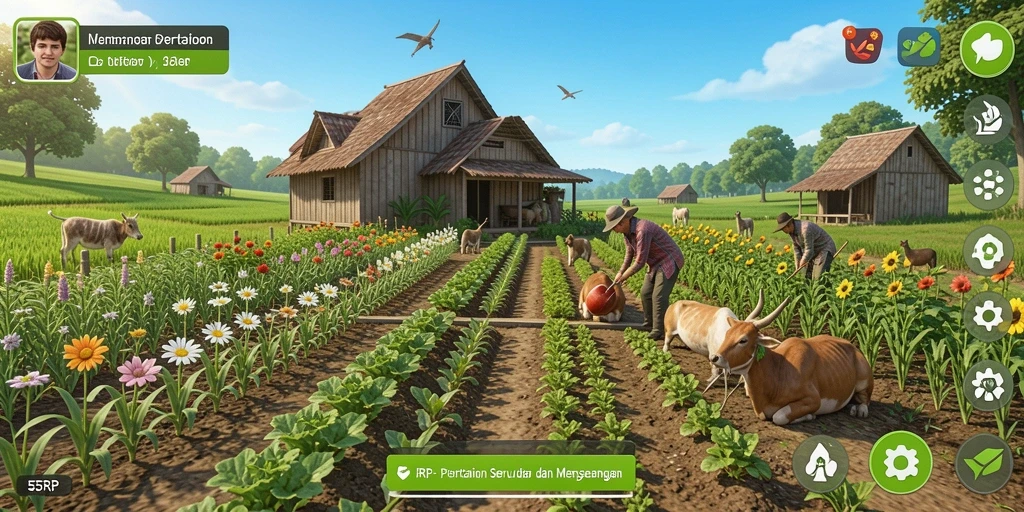 Screenshot utama 55RP menampilkan aktivitas bertani yang seru.