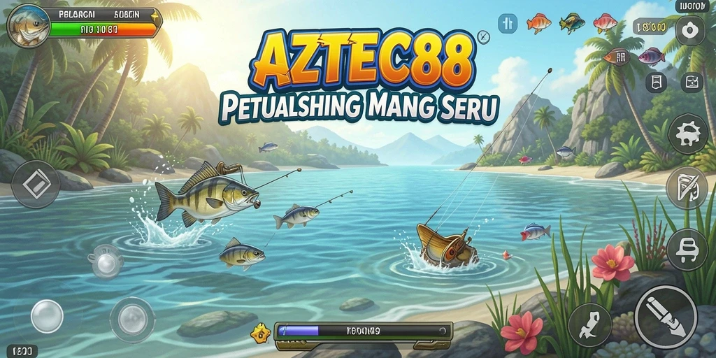 Screenshot gameplay AZTEC88 menunjukkan momen mendebarkan saat memancing.