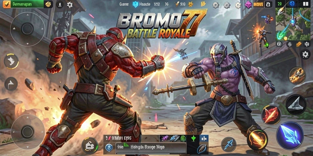 Screenshot gameplay BROMO77 menampilkan pertarungan seru dalam arena Battle Royale.
