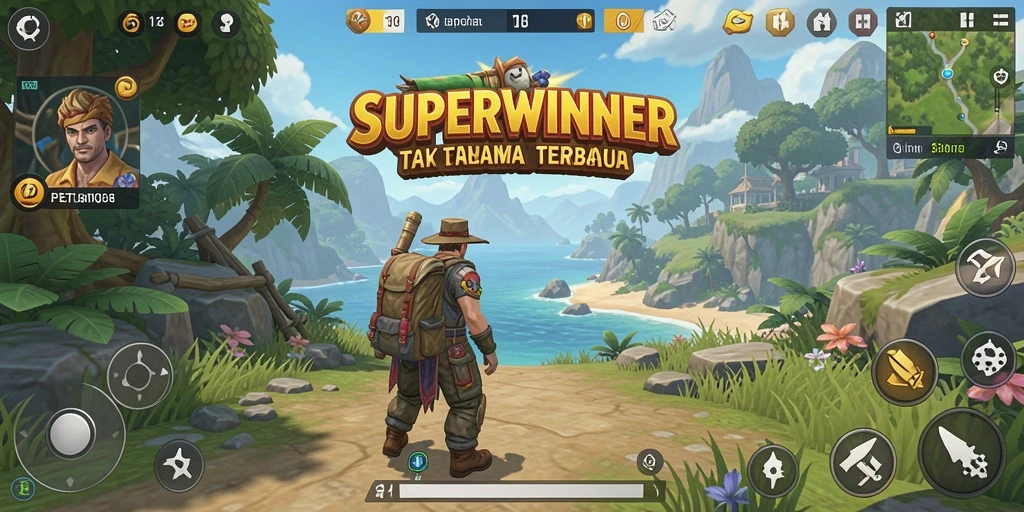 Screenshot SUPERWINNER menampilkan petualangan seru dalam dunia terbuka yang kaya.