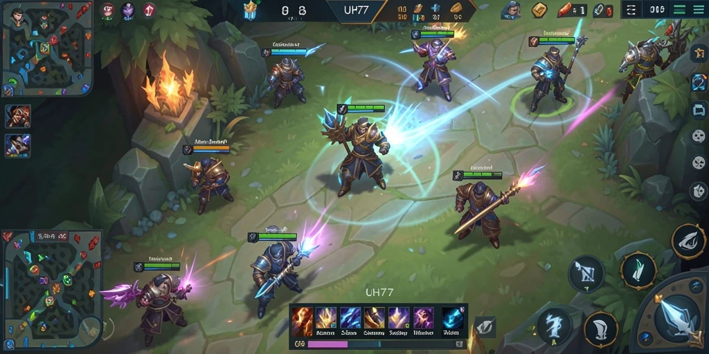 Screenshot UH77 menampilkan aksi intense dalam pertempuran MOBA.